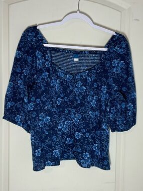 Blue Floral Puff Sleeve Top Romantic Cottagecore Peplum Blouse